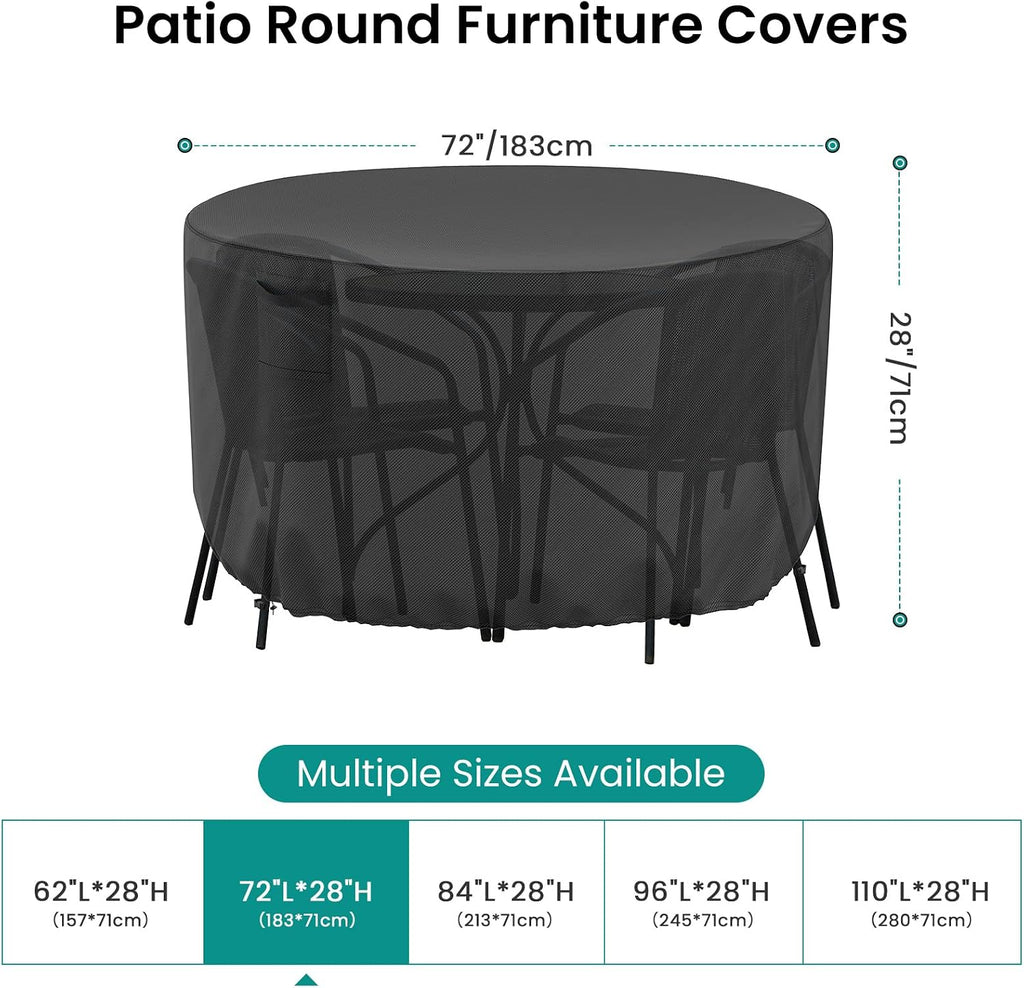Round Patio Furniture Cover, Waterproof Outdoor Table Covers, Windproof Heavy Duty Patio Cover for Outdoor Table &