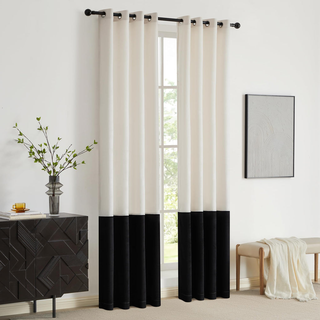 Modern Cream White Black Decorative Velvet Curtains 72 inches 2 Panels