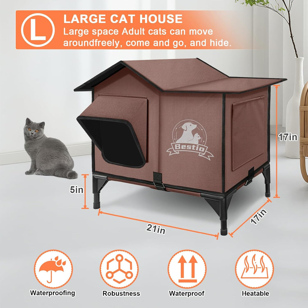Large Heated Cat House for Outside 21x17x17 in with Elevated Base Cat-Attracting Eave Design Feral Stray
