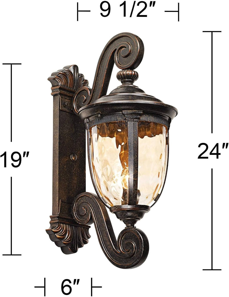 Bellagio 24" Bronze Dual Scroll Arm Outdoor Wall Light with Champagne Hammered Glass