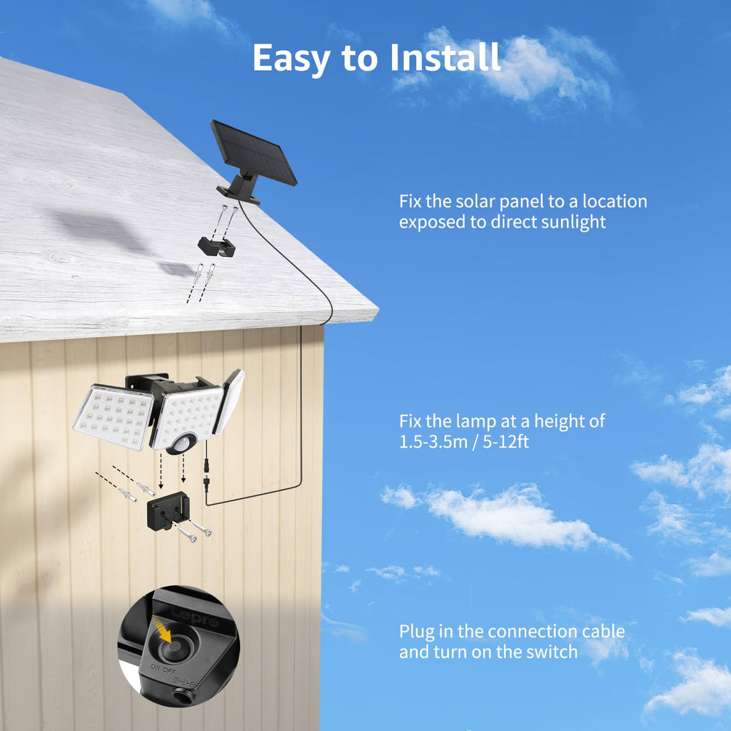 Solar Lights for Outside, Motion Activated Security Lights, Separate Solar Panel, 3 Adjustable Head 270° Wide