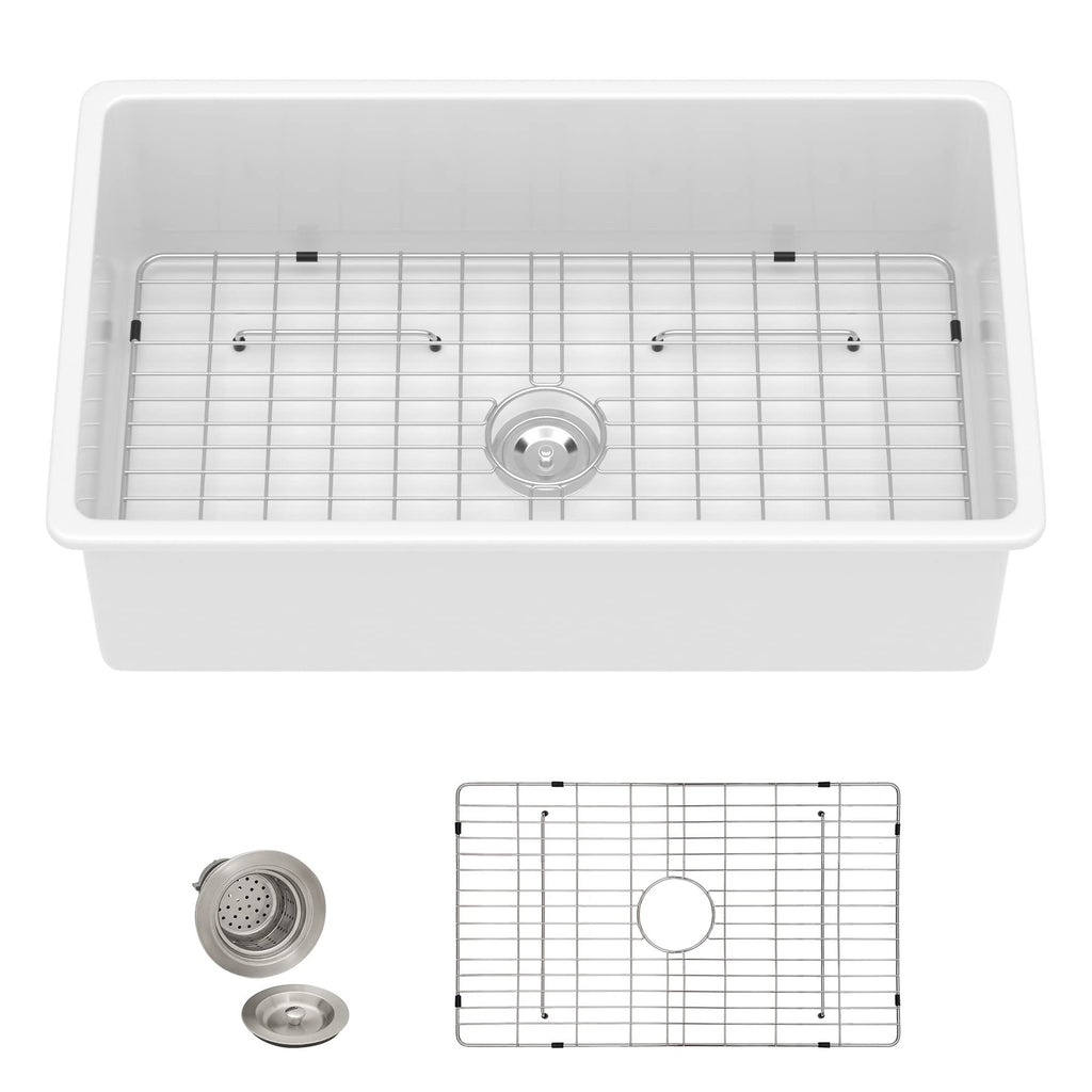 32 White Undermount Sink - 32"x19" Kitchen Sink White Ceramic Porcelain Fireclay Rectangular Deep Dual Mount Single