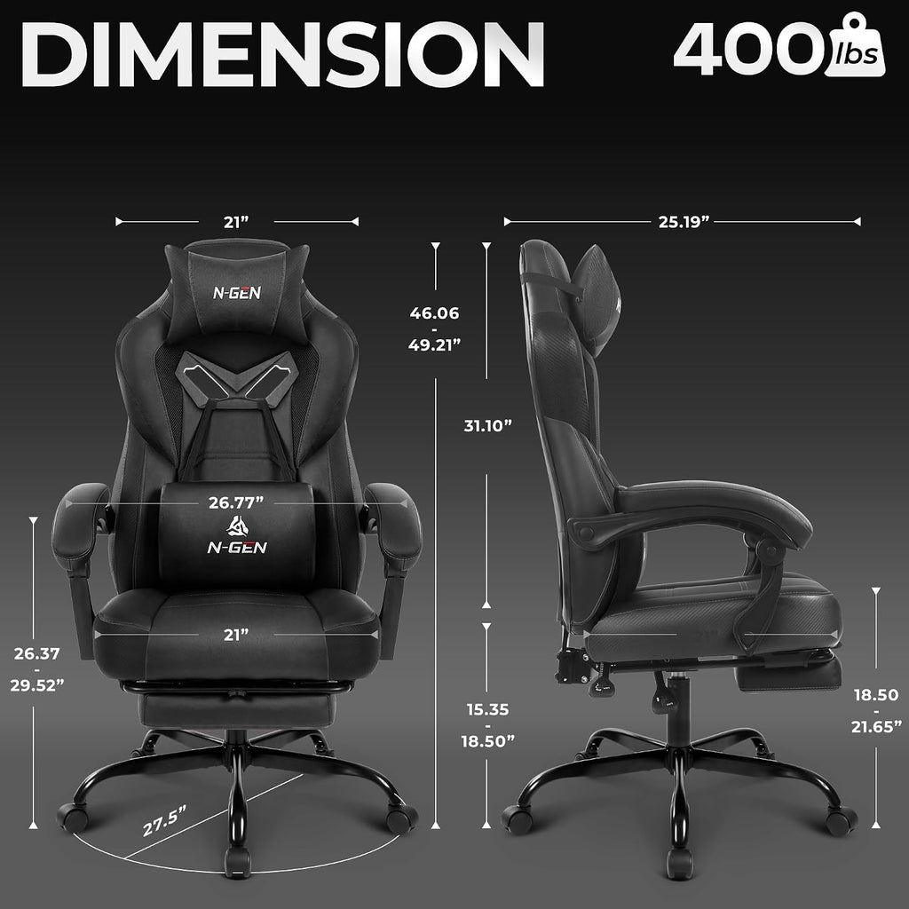 Big & Tall Gaming Chair, Footrest, Lumbar Support, Dark Black | Ergonomic High-Back Chair for Adults, Padded Wide