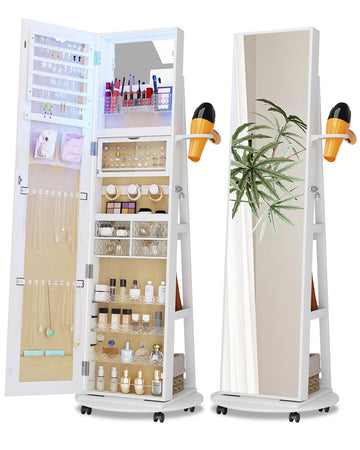 Full Length Mirror with Jewelry Storage, 360° Rotating Jewelry Armoire Organizer with Lights, Lockable Mirror Jewelry