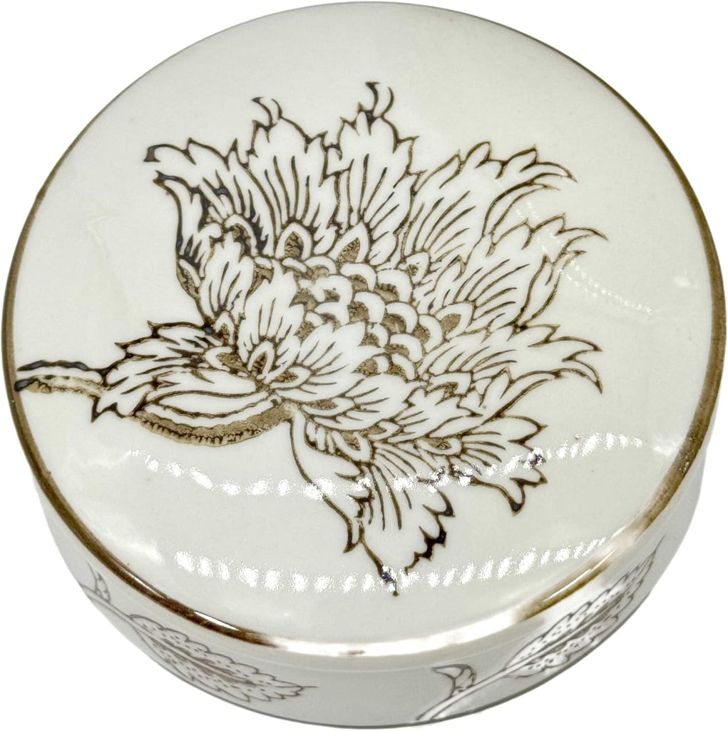 White & Brown Flower Chinoiserie Round Ginger Jar 10" with Lid - Ginger Jar, Decorative, Home Decor Jar