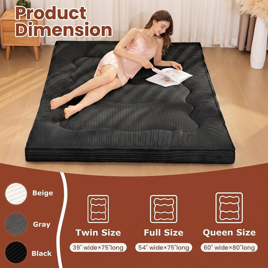 Futon Mattress Full Size, 4" Thicken Japanese Futon Mattress Sleeping Pad, Corduroy Foldable Floor Mattress, Roll Up