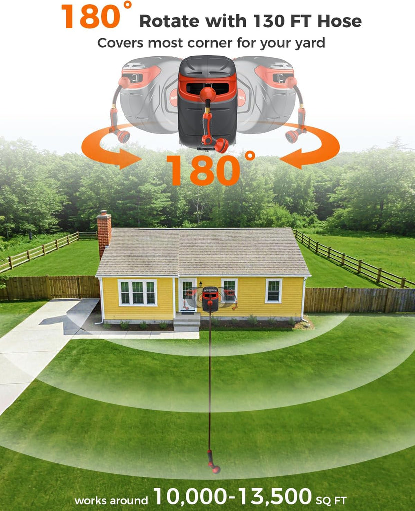 100 FT 1/2 Inch Retractable Garden Hose Reel Wall-Mounted 180° Swivel 9-Patern Nozzle Automatic Slow Return Any