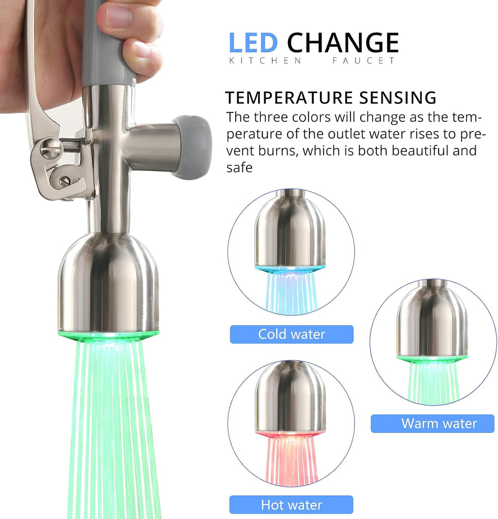 Commercial Pull Down Sprayer Brushed Nickel Kitchen Faucet | Single Handle Kitchen Sink Faucet with LED Light