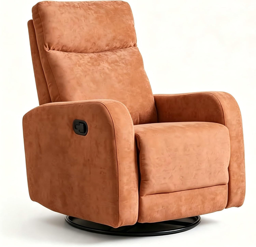 360° Swivel Glider Rocker Recliner Chair, Manual Reclining Fabric Lounge Chair with Side Pull Handle, Upholstered