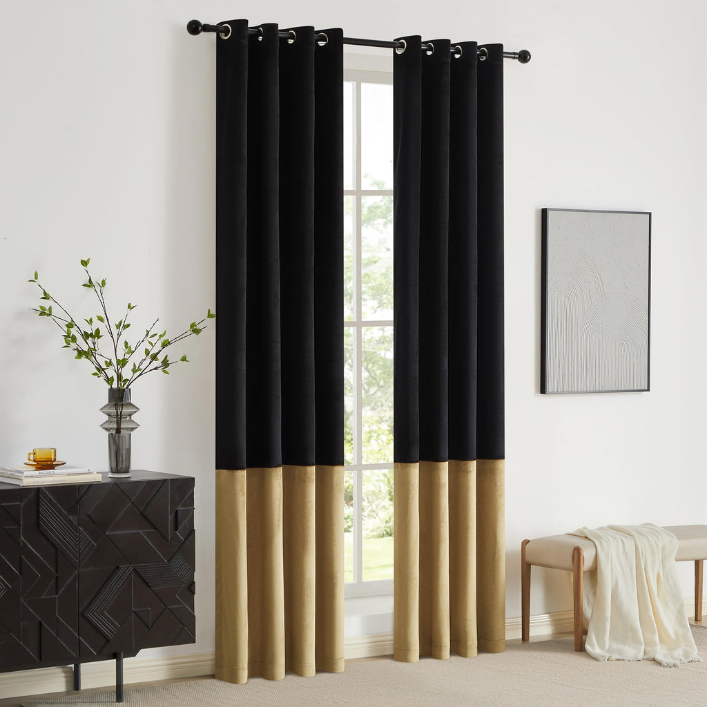 Black Gold Velvet Blackout Curtains Luxury Decor 84 inches, Color Block