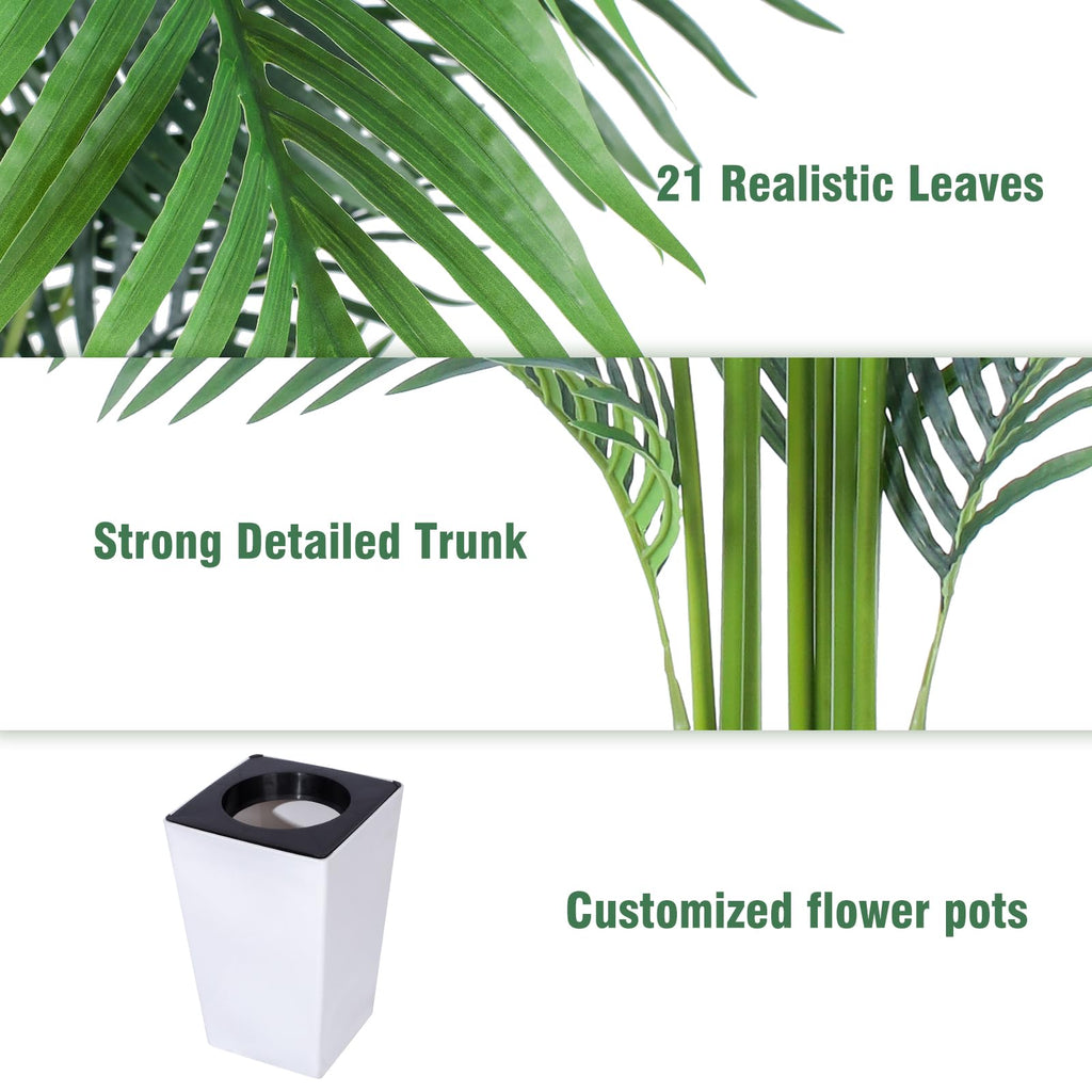 Artificial Palm Tree with White Tall Planter, 7ft Tall Potted Artificial Silk Palm Tree Plant, Fake Tropical Plant