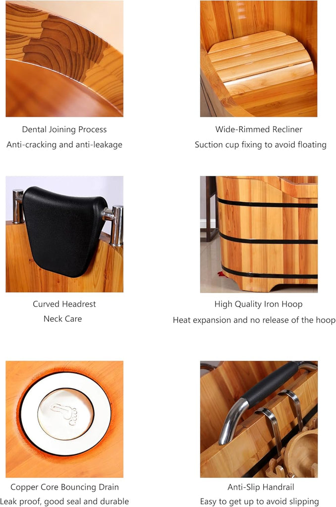 Japanese Style Wooden Soaking Tub with Steamer, Deep Cedar Bath Barrel for Adults, Freestanding Spa Bathtub for Home