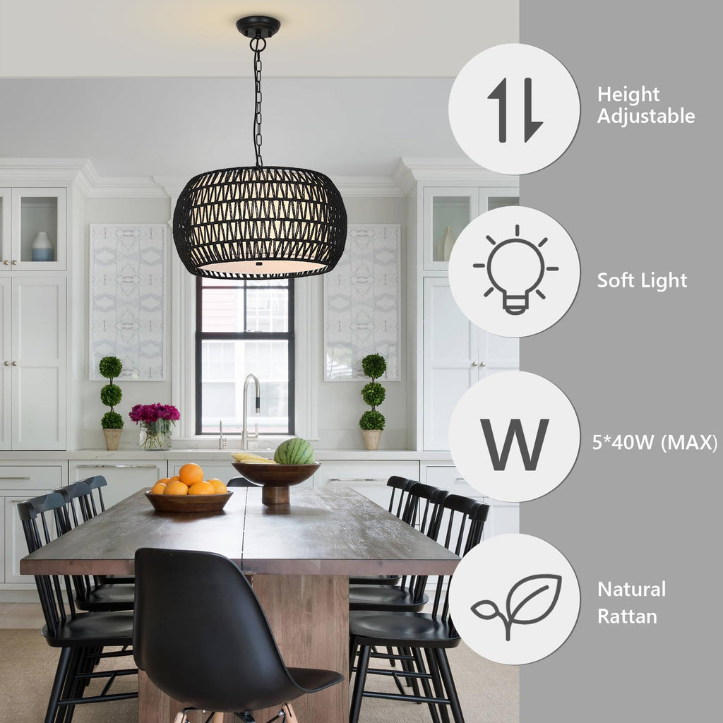 Farmhouse Chandeliers, 5-Lights Rattan Boho Chandelier Light Fixture, Black Woven Dining Room Light Fixture with