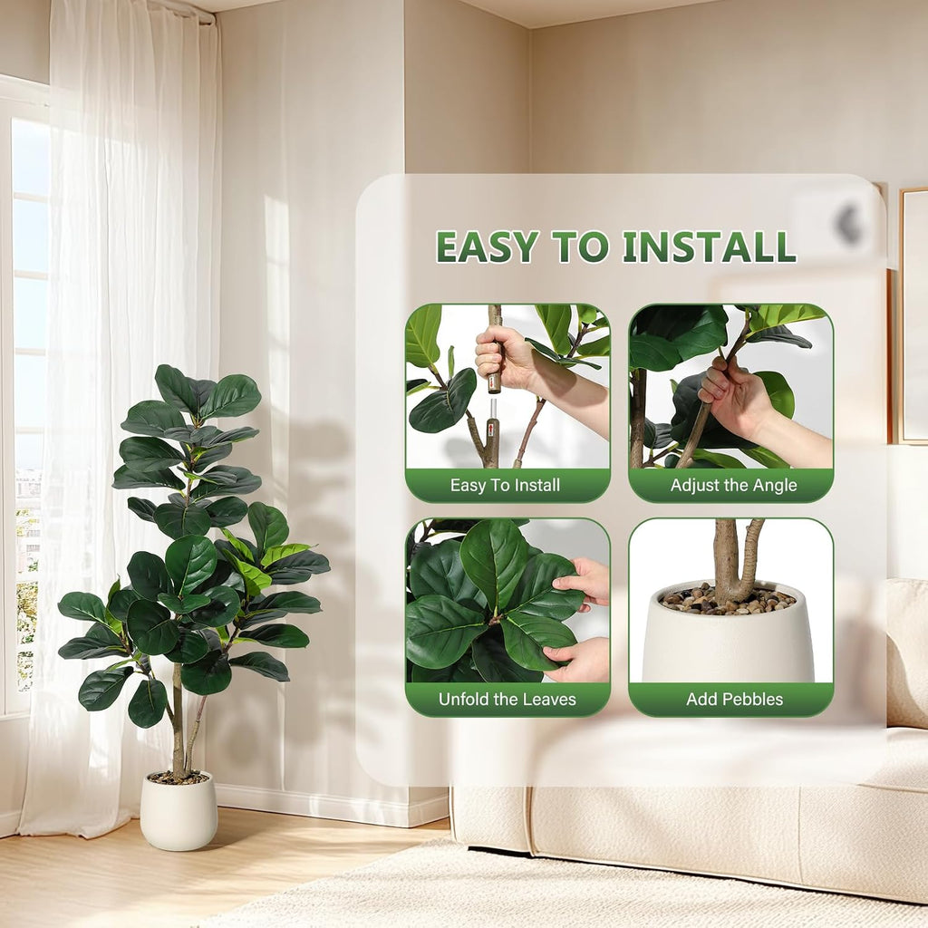 4FT Artificial Fiddle Leaf Fig Tree with White Planter - Realistic Faux Ficus Lyrata Trees with 48 Leaves, Indoor