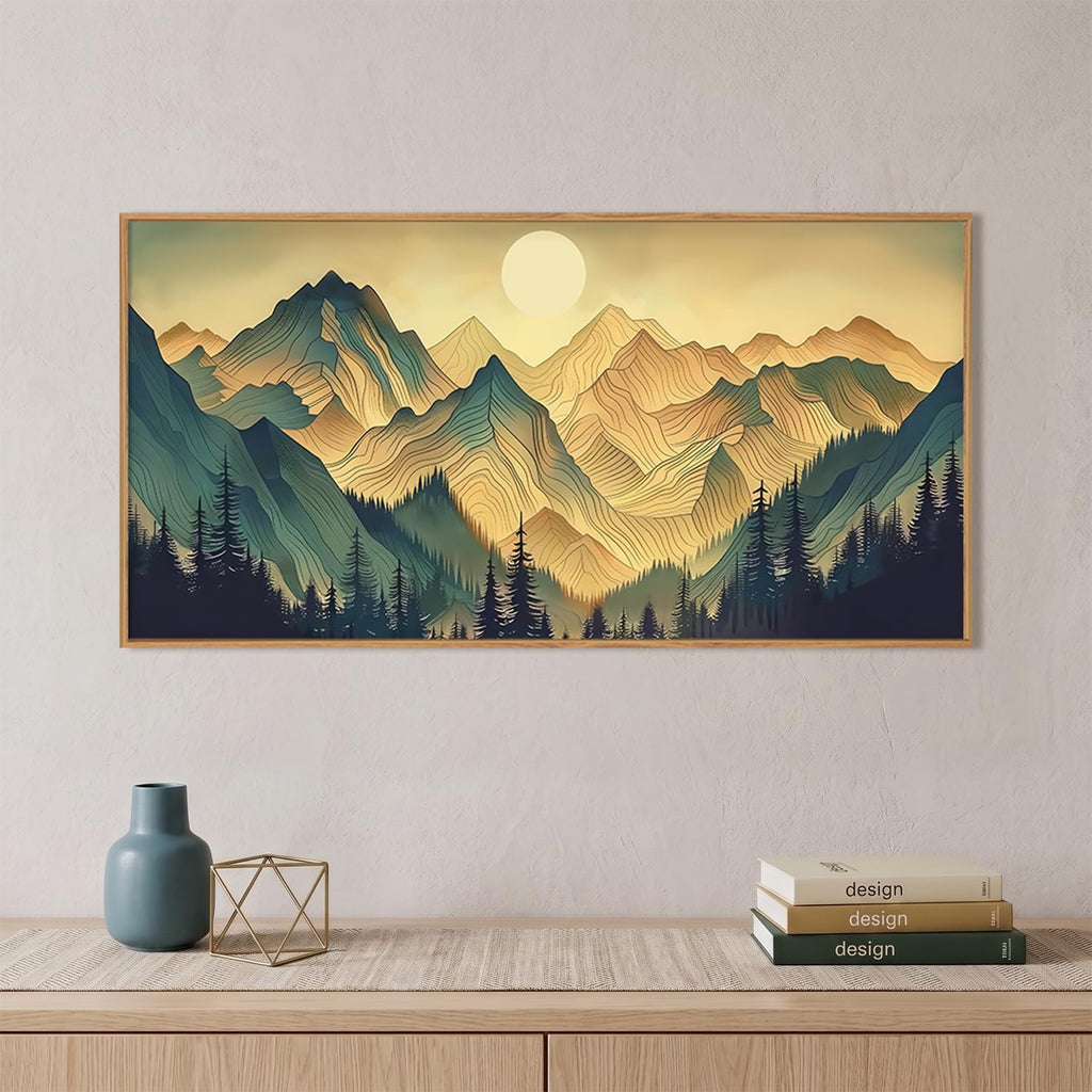 Boho Green Mountain Landscape Framed Canvas Wall Art Set, Abstract Sun Forest Scenery Wall Decor, Bohemian Ridge Lines
