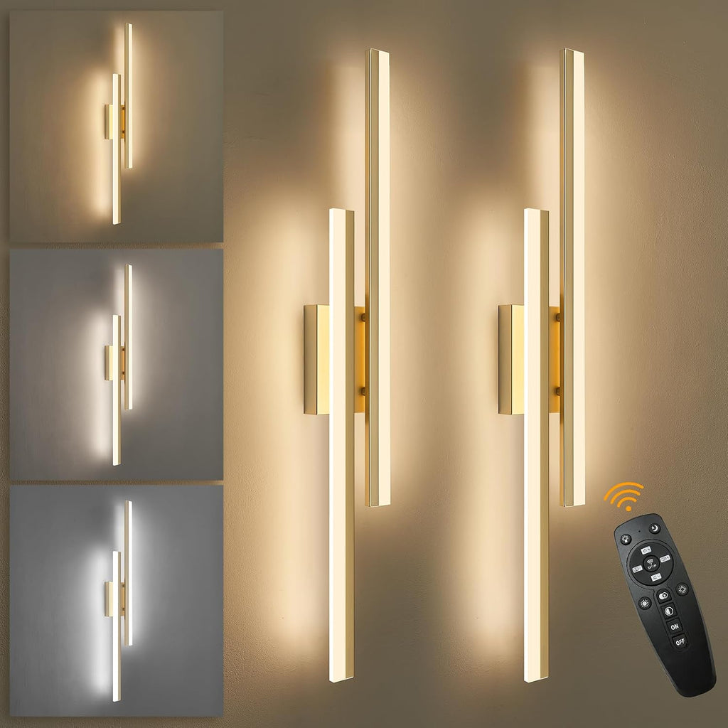 LED Wall Sconce Set of 2 Gold Remote Modern LED Vanity Lights Set of 2 Indoor Wall Light Fixtures for Living Room