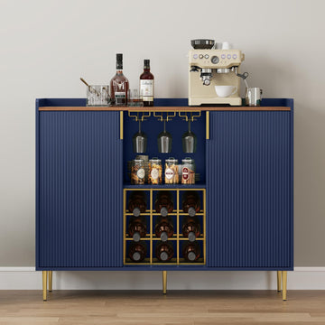 48" Wine Bar Cabinet with Fluted Texture, Buffet Sideboard, Blue