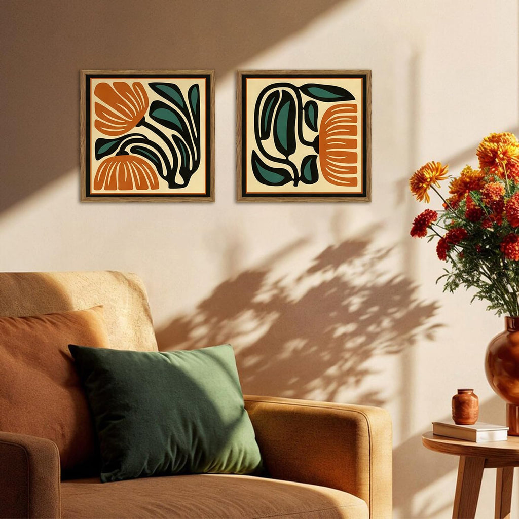 Mid Century Floral Wall Art Set of 2, Modern Square Abstract Botanical Wall Decor Picture, Vintage Boho Eclectic