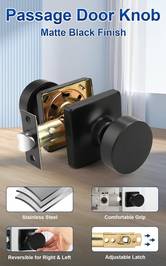 Passage Door Knobs Interior 6 Pack, Matte Black Door Knob Without Lock Inside