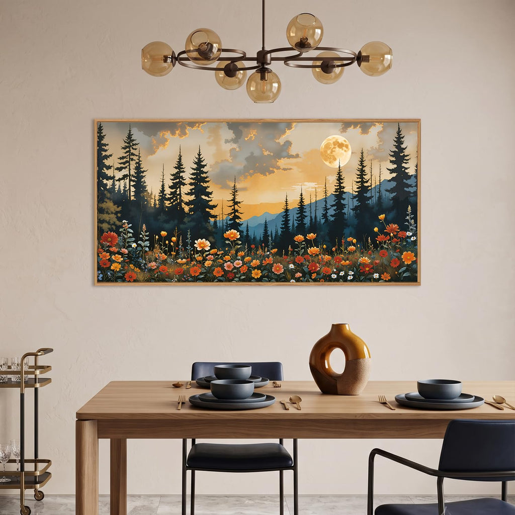 Mountain Wildflower Landscape Framed Canvas Wall Art Set, Vintage Moon Pine Tree Wall Decor, Rustic Forest Art