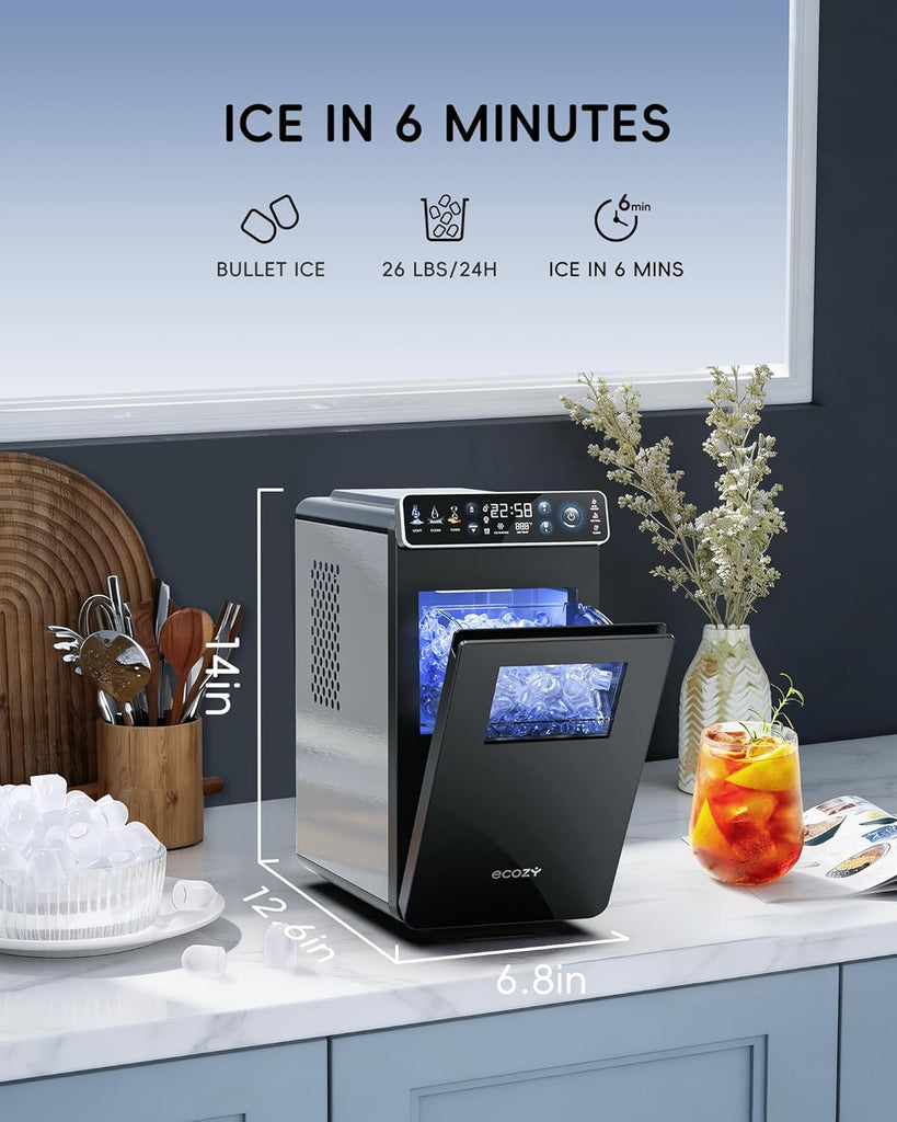 Ice Makers Countertop, Ultra Slim Design with Full-Color Panel, Internal Lights, 26 lbs/24H, Timer Ice Making, Two