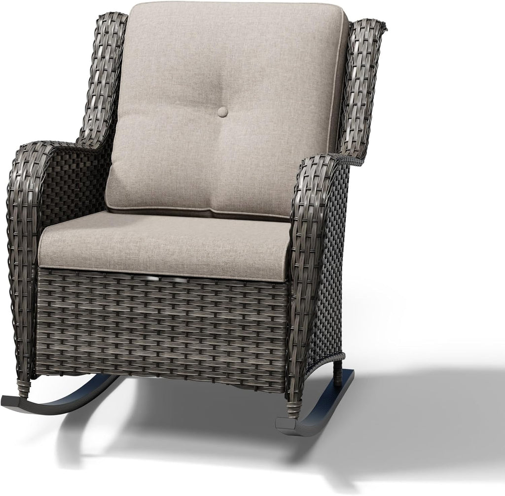 Outdoor Rocking Chair, Wicker Patio Furniture with High Back, Deep Seating, Wide Armrest, Thickened Cushions, Outdoor