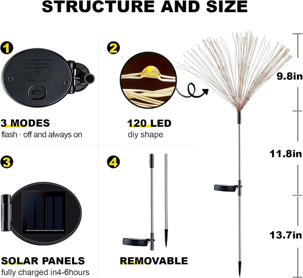 4 PCS Solar Firework Light, Outdoor Solar Garden Decorative Lights 120 LED Powered 40 Copper Wires String DIY