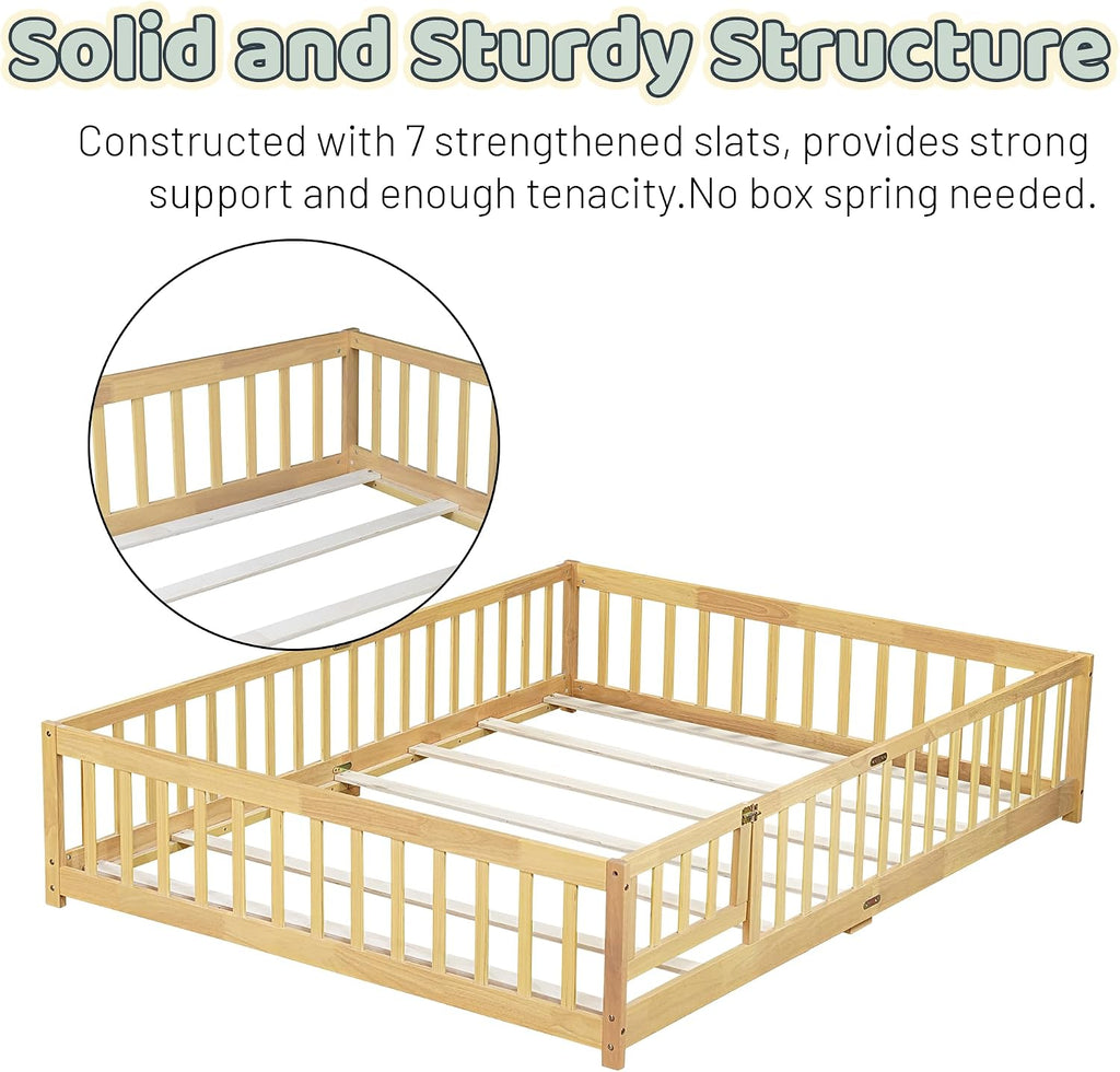 Floor Bed with Safety Guardrails for Kids, Rubber Wood Montessori Bed with Slats and Convertible Door