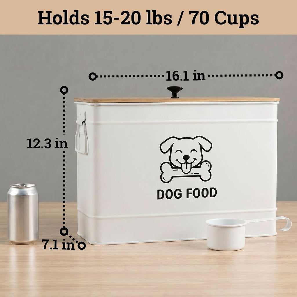 Metal Dog Food Container 15-20 lbs w/ Airtight Bamboo Lid, 70 Cup Capacity