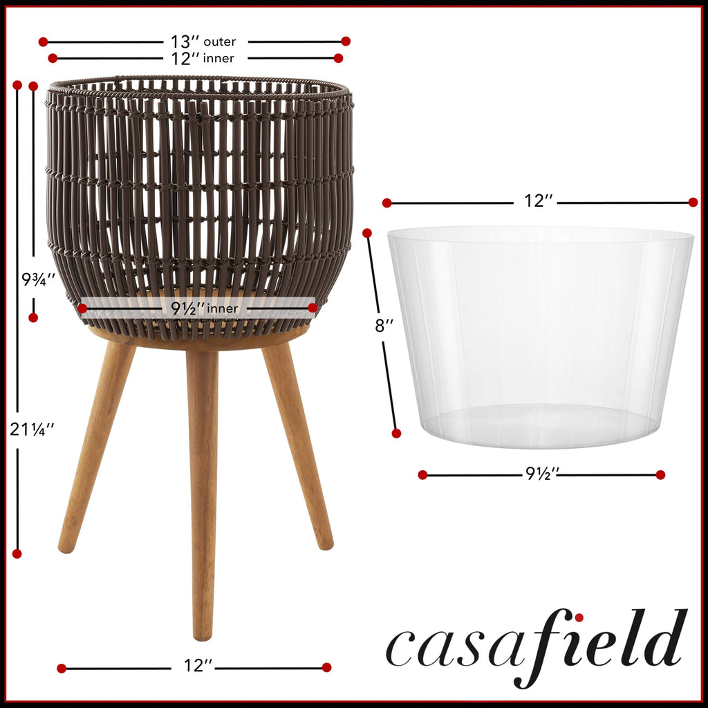 Indoor Planter with Stand, Dark Brown Floor Planter with Wood Legs, Large Plant Pot Cover with Liner plants, Flower