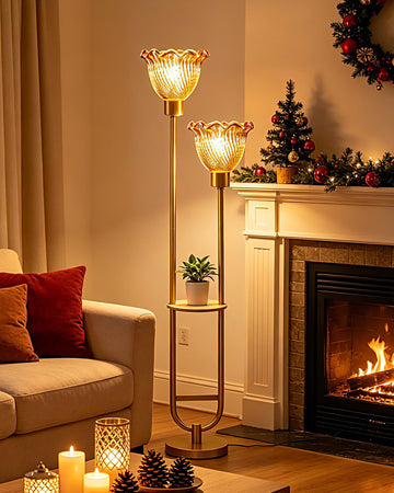 Amber Glass Floor Lamp with Table 2-Lights Modern Gold Tall Lamps