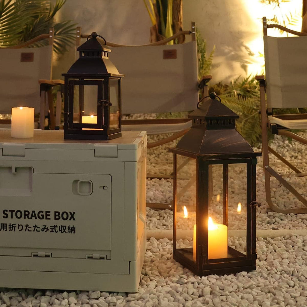 Lanterns Decorative Outdoor&Indoor, Set of 2 Large Bronze Metal Lantern Decor with Glass, Candle Holder for Porch