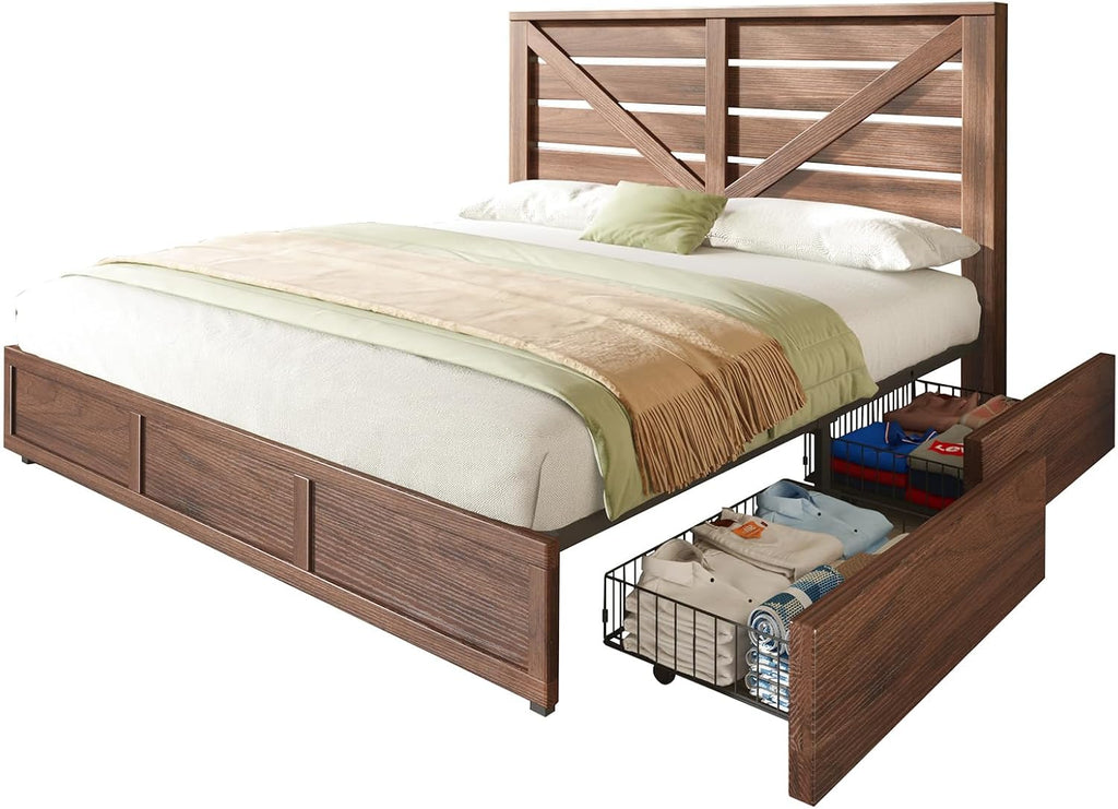 King Farmhouse Bed Frame with 4 Drawers, Wooden Storage Bed Frame with Headboard and Heavy Duty Metal Slats, Noisy
