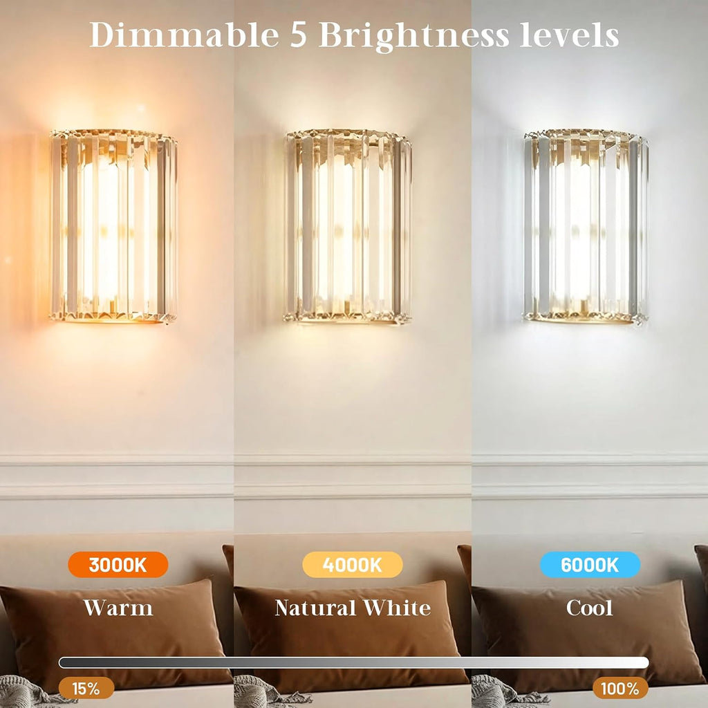 Gold Battery Operated Wall Sconces Set of Two, Crystal Wireless Wall Lights with Remote, Rechargeable Cordless Wall