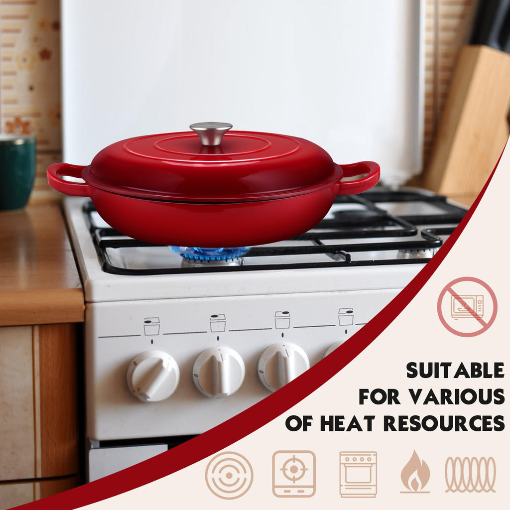 Enameled Cast Iron Dutch Oven - 3.8 QT Shallow Braiser with Recipe