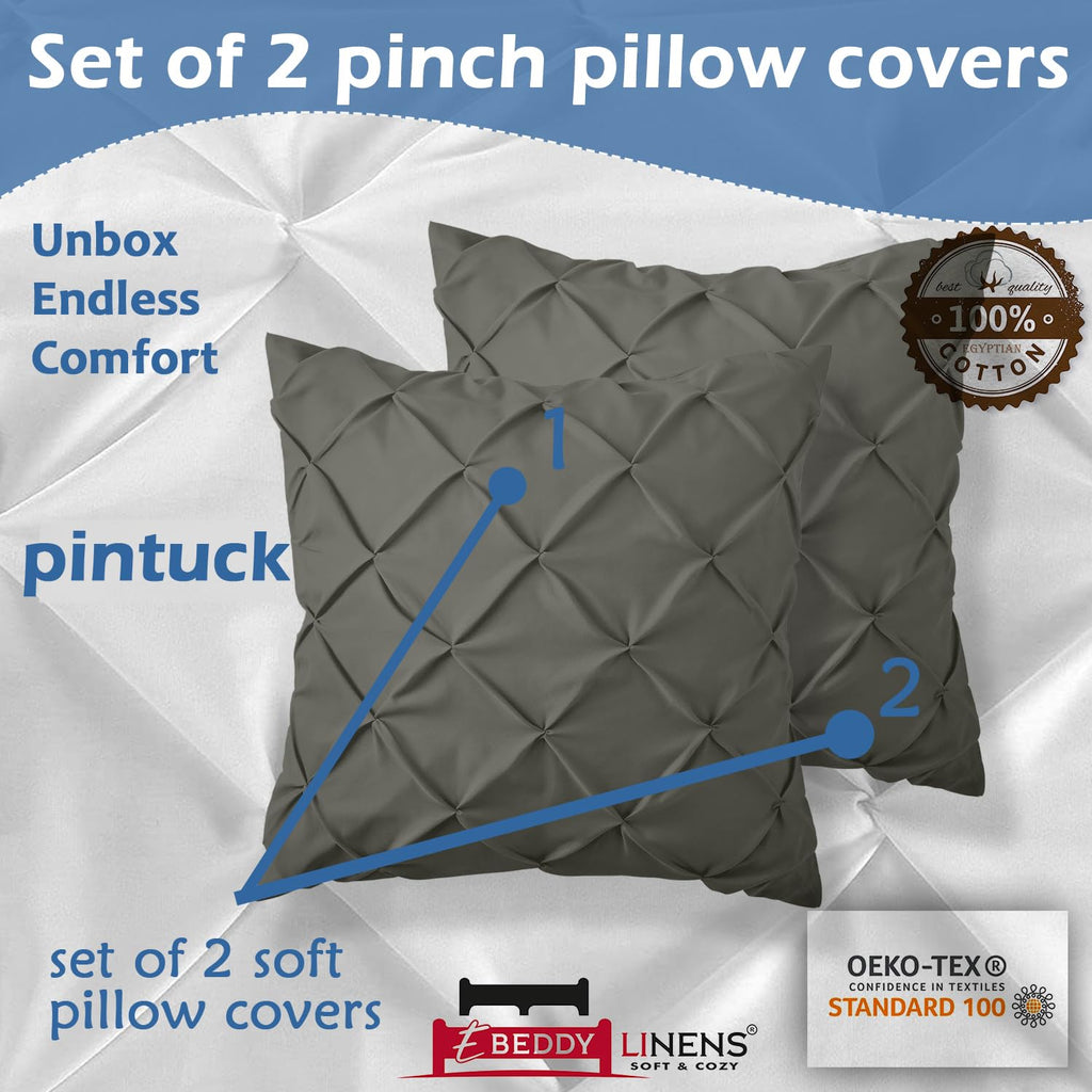 European Square Pinch Pleated Pintuck Pillow Shams Set - Dark Grey Egyptian Cotton Envelope Closure, Soft, Cozy &