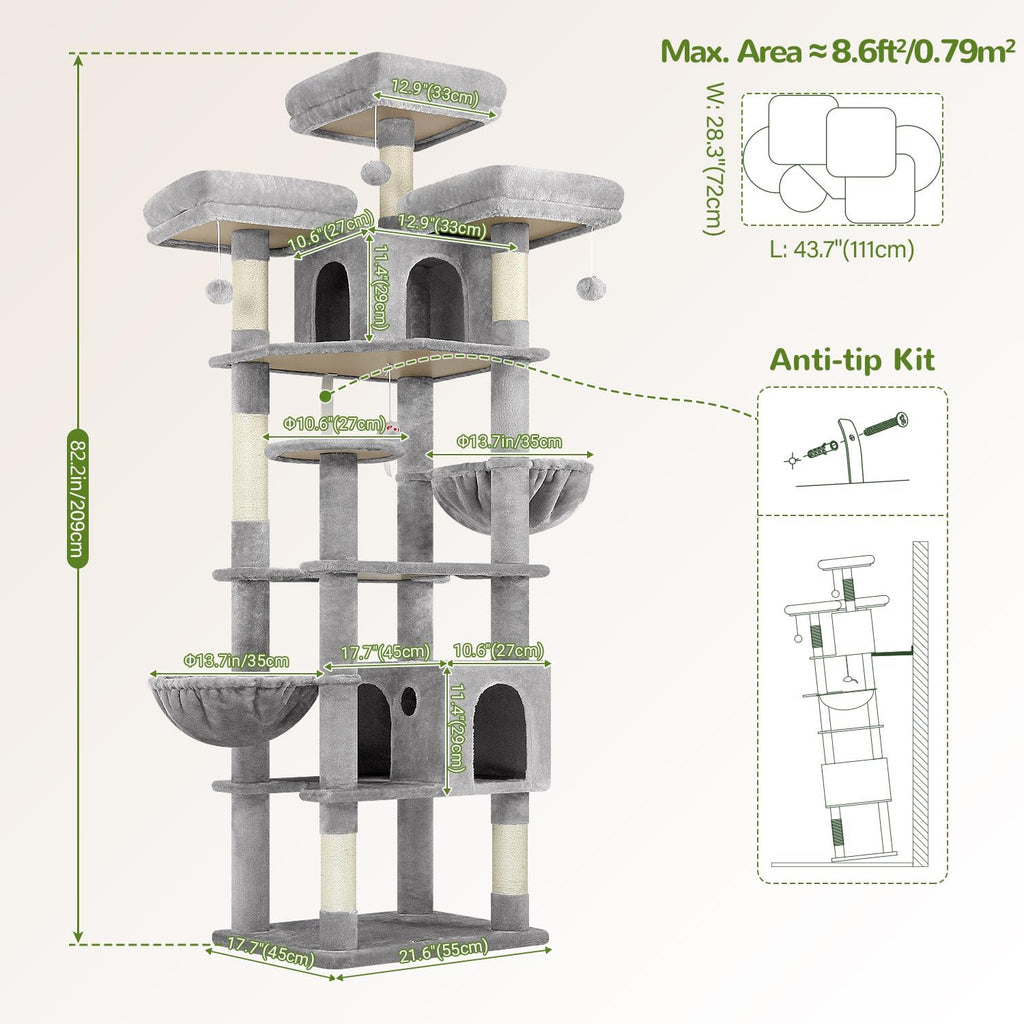 Cat Tree Tower for Multiple Adult Cats, 82in, Light Grey