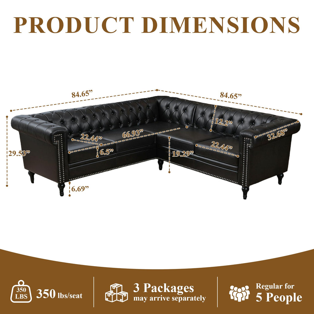 84" Chesterfield Sectional Sofa with Nailhead Trim, Tufted 5 Seat Faux Leather Couch, Modern L Shaped Sectional Couch