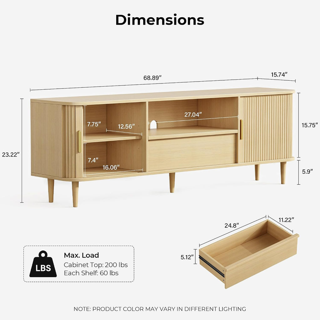 Mid-Century Modern Fluted TV Stand for 65/70/75/80 Inch TVs, 69" Entertainment Center with Grooved Sliding Doors &
