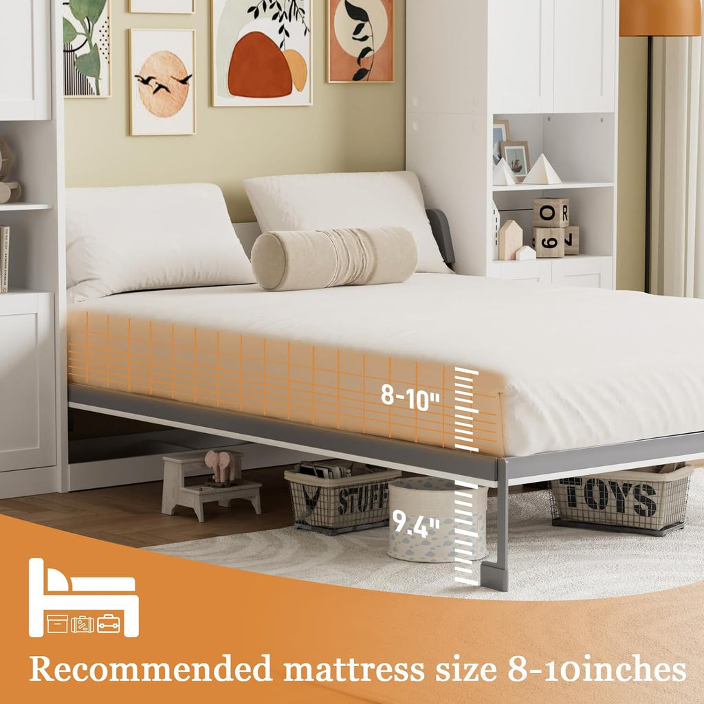 Queen Murphy Bed with 6 Adjustable Shelves & Storage Cabinets, Foldable Space-Saving Queen Wood Wall Bedframe with