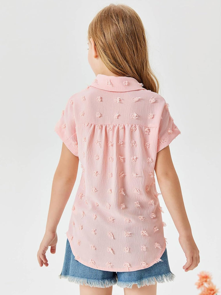 Girls Button Down Shirts Short Sleeve Kids Casual Chiffon Blouse Summer Tops T-Shirt