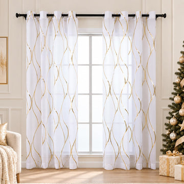 White and Gold Sheer Curtains 84 Inches Long 2 Panels Set, Gold Foil Printed Sheer Curtains Dining Room, Light