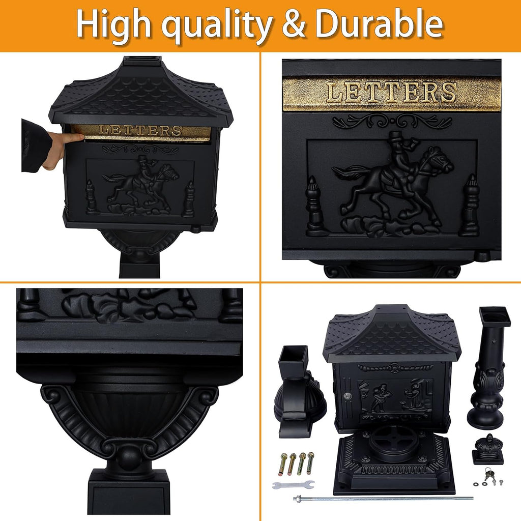 Classic Cast Aluminum Mailbox - 45.5" Postal Box with Locking Door and Keys, Vintage Design Men Women