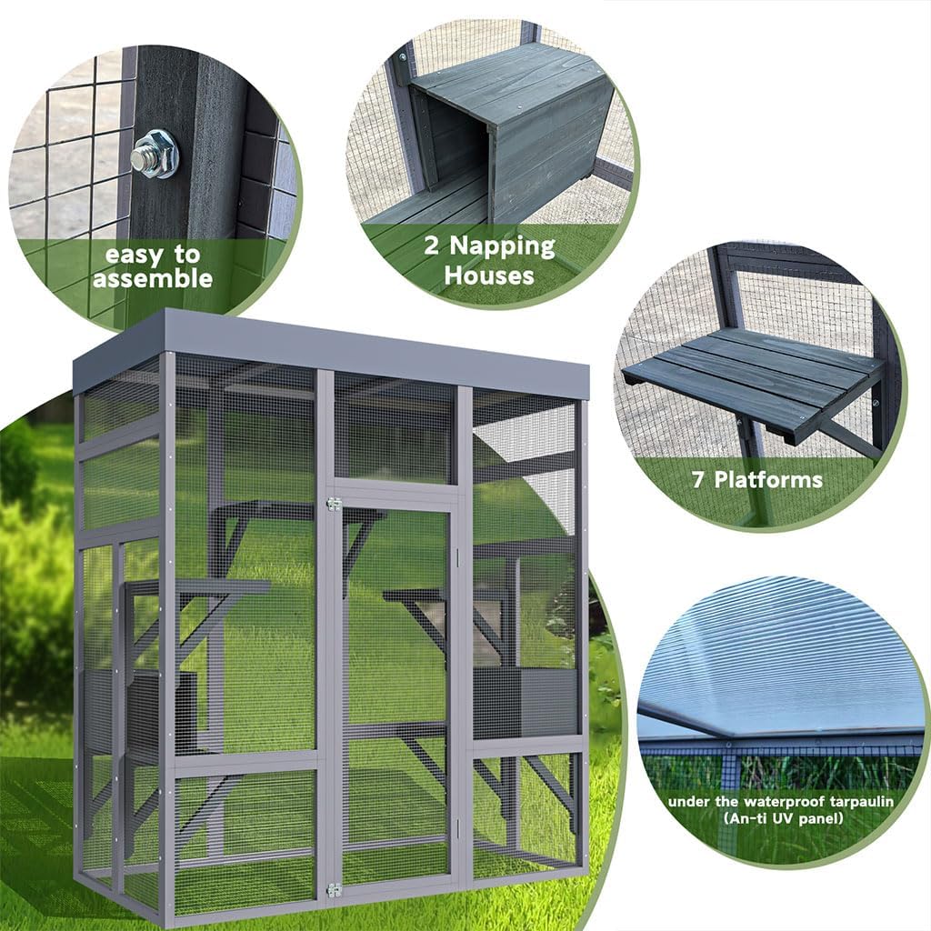 70.1" Large Catio Outdoor Cat Enclosure, Solid Wood Cat House with Waterproof Fabric Roof and 2 Napping House