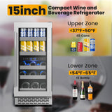 15 Inch Wine and Beverage Refrigerator,13 Bottle & 48 Cans Dual Zone Beverage Fr