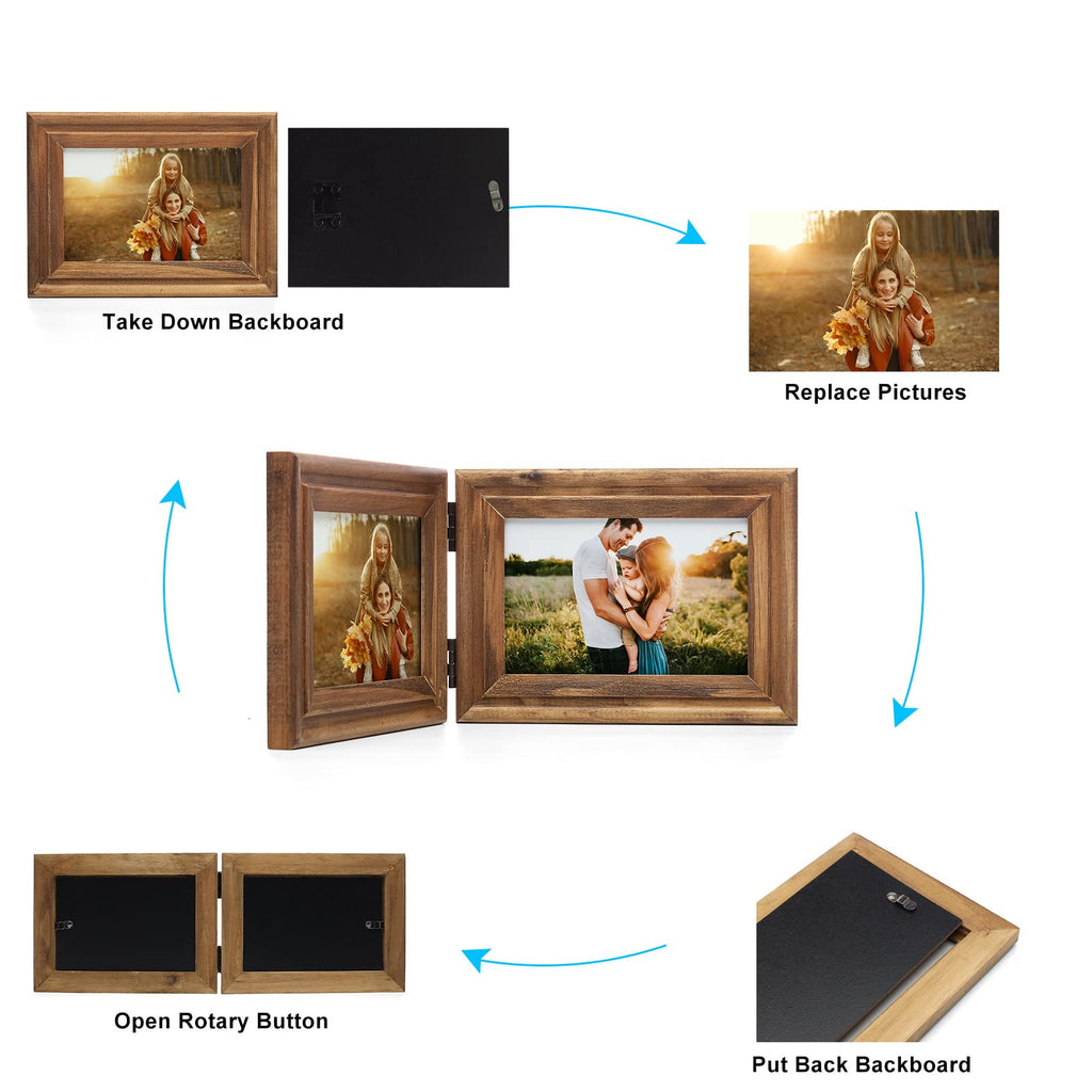 Horizontal 4X6 Picture Frames Double Hinged Wood Folding Photo Frames with Real Glass Front Fit for Desktop or