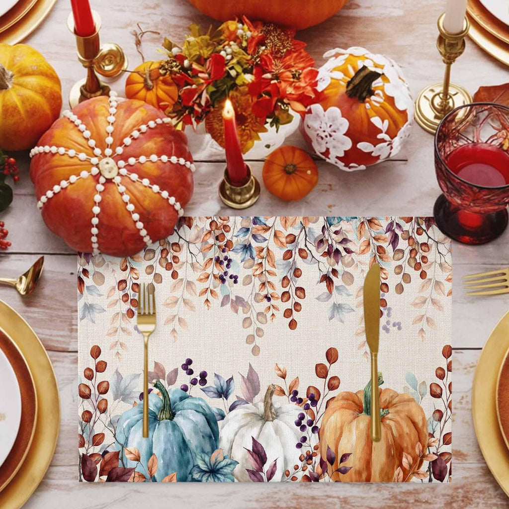 Fall Thanksgiving Placemats Set of 6, Watercolor Autumn Pumpkins Eucalyptus Leaves Heat Resistant Washable Linen