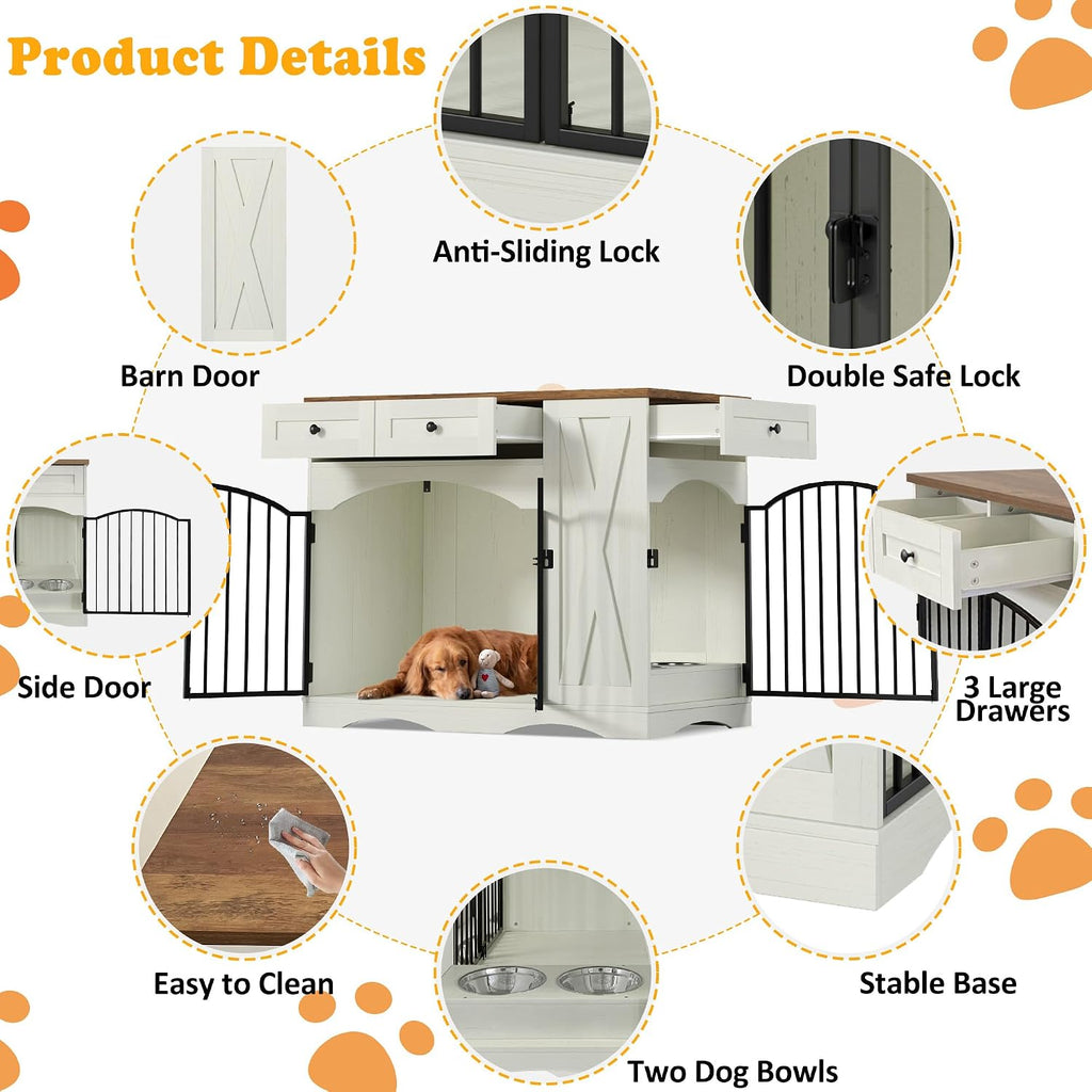 Dog Crate Furniture, Wooden Dog Kennel with 3 Drawers, Beige