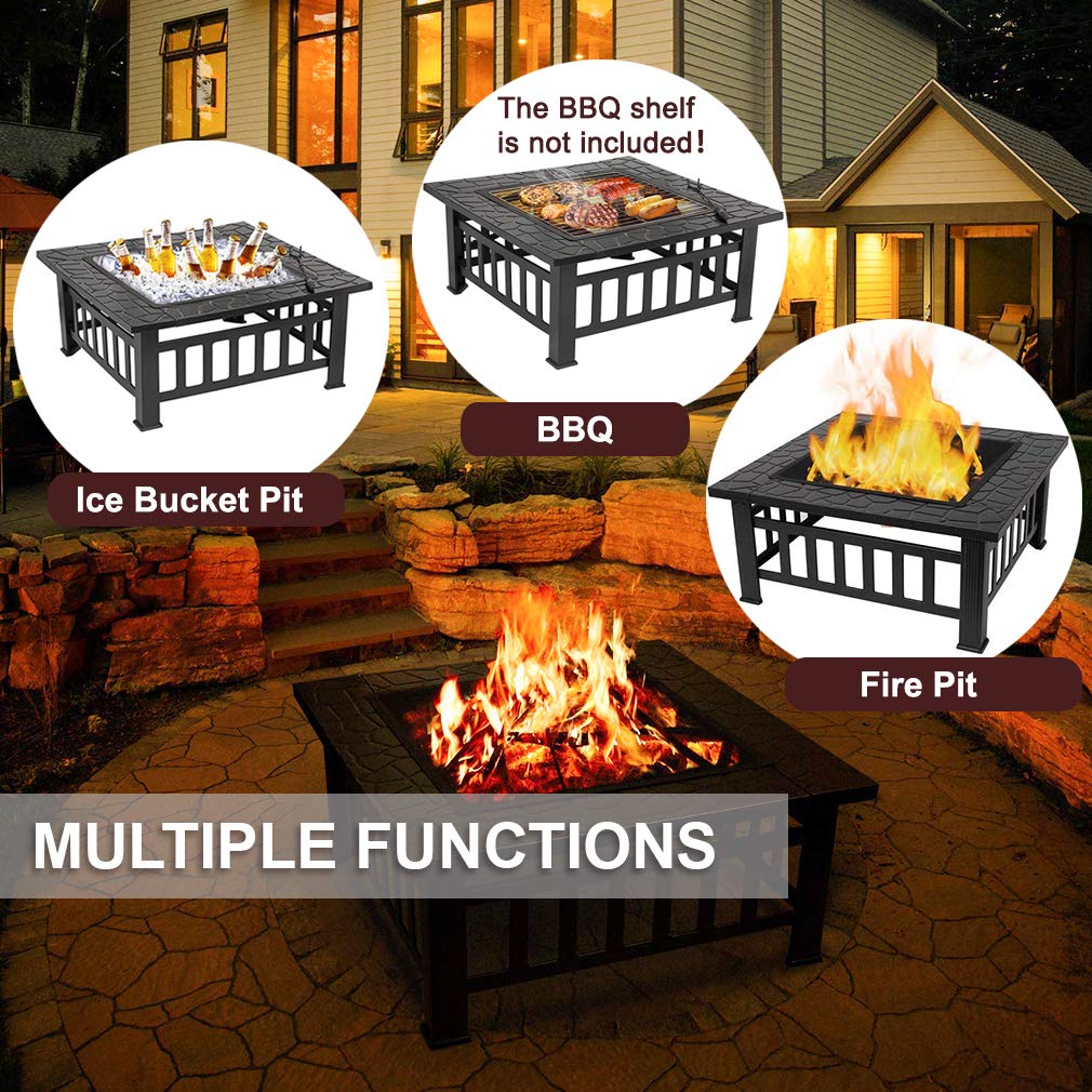 32'' Outdoor Fire Pit Metal Square Firepit Patio Stove Wood Burning for Backyard Garden Camping Picnic Bonfire with