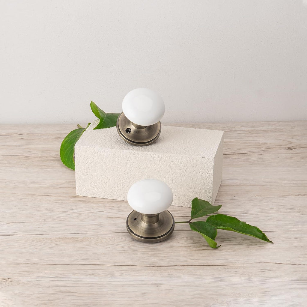 White Door Knobs, Antique Brass Porcelain Door Handle with Push Lock
